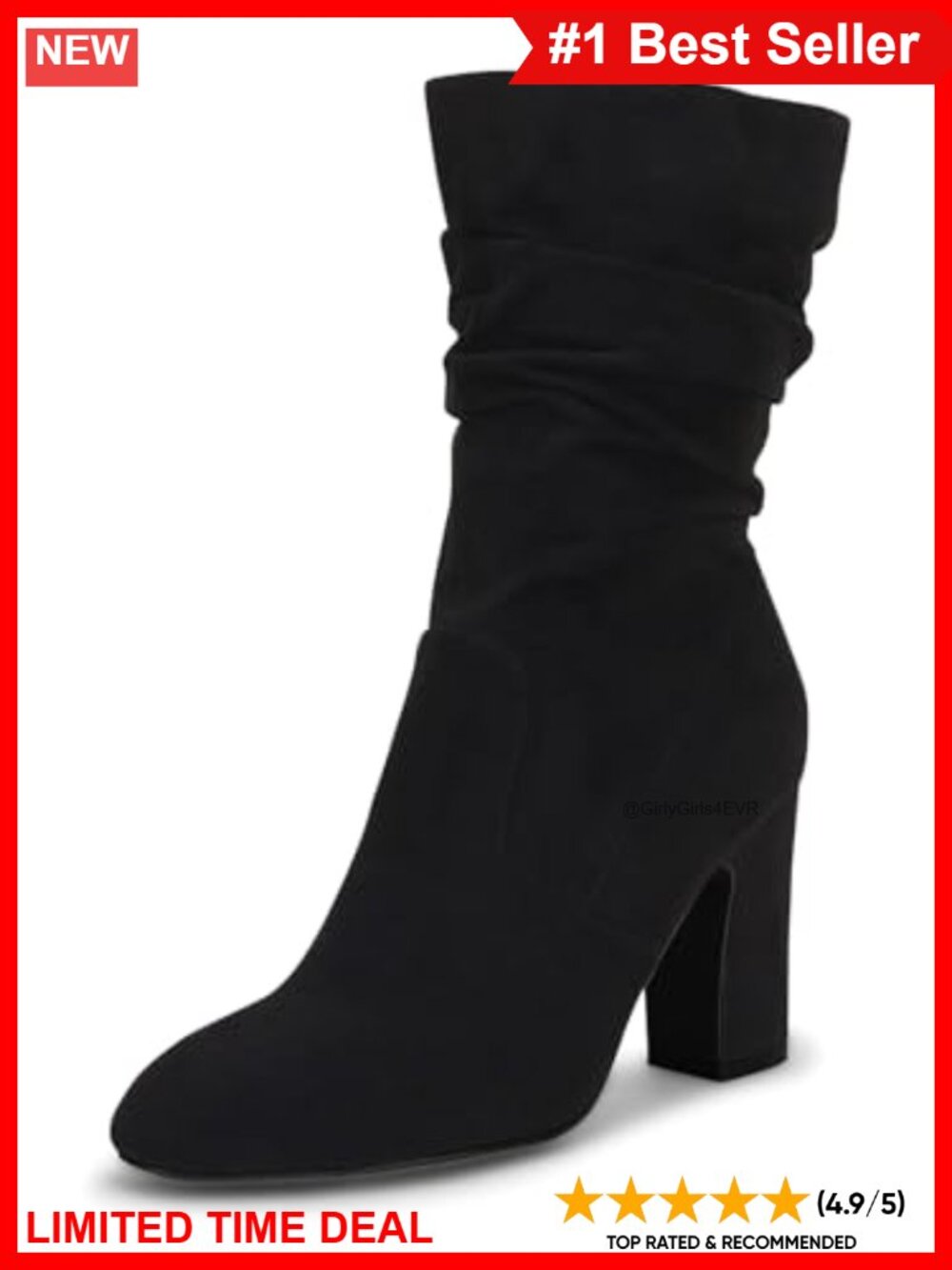 Suede Mid Calf Slouchy Boots High Heel Zip Chunky Block